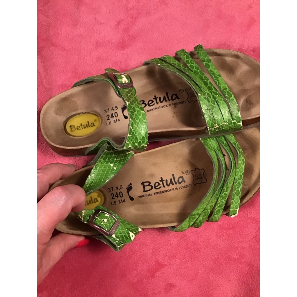 Betula Green Snakeskin Strap Sandals US 6 Brown Footbed Peeling - Picture 4 of 10